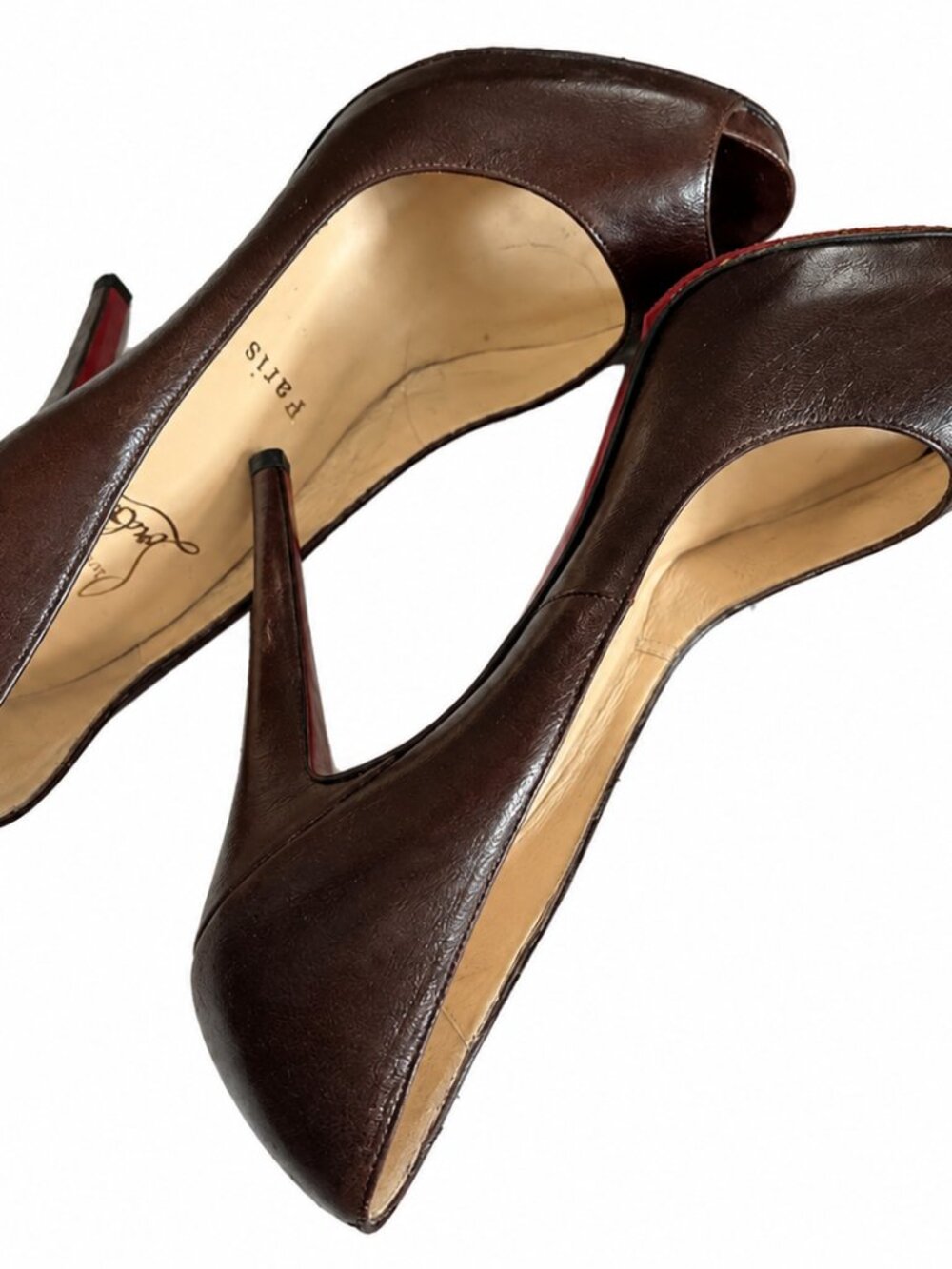 Christian Louboutin Brown Leather Peep Toe Pump Stiletto Heels
